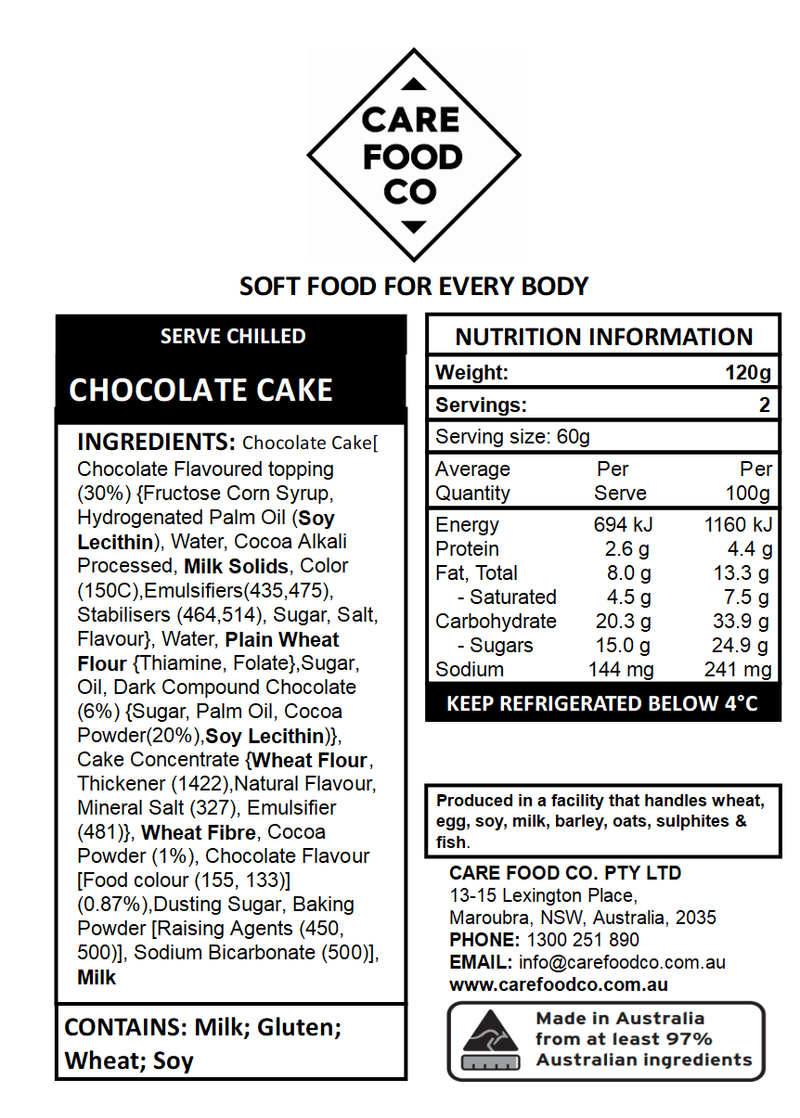 Chocolate Cake 120g - IDDSI Level 4 pureed