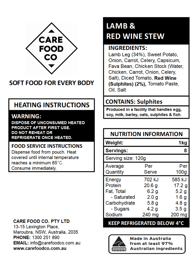 Lamb and Red Wine Stew 1kg IDDSI Level 4